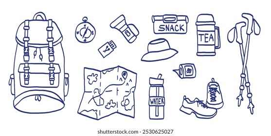 Boceto de Paquete de senderismo. Un conjunto de artículos para la caminata. Mochila, mapa, brújula, fósforos, zapatillas, papel higiénico, bastones de trekking y termos. Dibujado a mano lápiz azul o dibujo de marcador. 