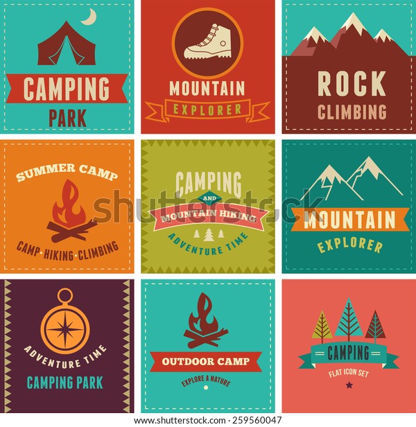 Hiking, camp\
badges, icons banners and\
elements