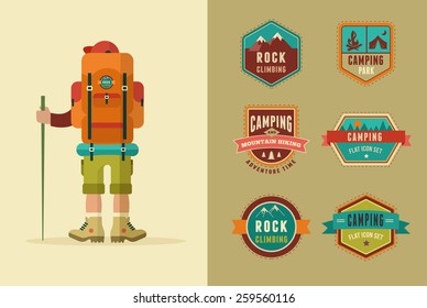 Hiking, camp badges - set of icons and elements. Vector poster with backpacker 