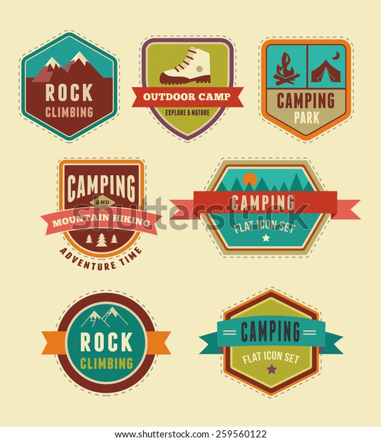 Hiking
and camp badges - set of vintage icons,
elements