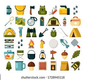 Hiking and camp equipment set. A tent with awning, map, items for recreation, ball, racket, for fishing, inflatable boat, fishing rod, bowler. Complete color kit for tourism. Vector flat graphics.