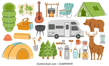 Hiking camp equipment, sleeping bag, barbeque and tents. Cartoon nature forest or mountain exploring travel. Tourist adventure vector set. Tools for expedition or touristic trip in wood