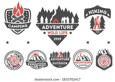 Hiking camp logo. Mountain exploration, summer outdoor camping and expedition in highland illustration. Adventure wildlife hiking camp logo vintage vector set isolated on white background