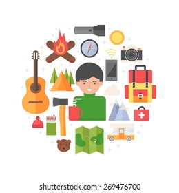 Hiking and camping abstract flat style vector illustration