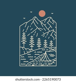 Ilustración de diseño de monolíneas de excursión y acampada para ropa