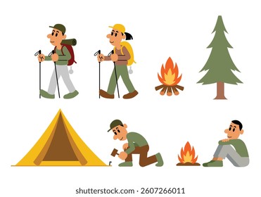 Hiking and camping cartoon set, men and women