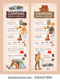 Hiking and camping checklist banner, essential travel gear for an outdoor adventure. Checklist for backpacking and nature exploration. Flat vector illustration.