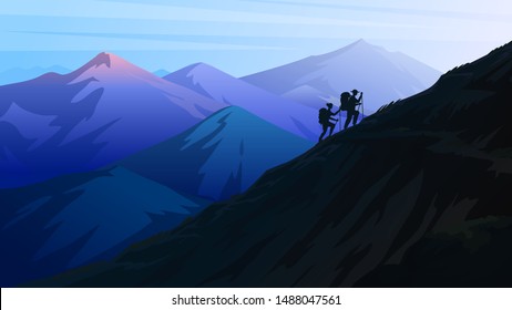 Hiking and camping concept. Silhouette of tourists climbing to the top of the Swiss or Austrian Alps. Dark blue mountains. Amazing Foggy layered landscape. People on the background of nature.
