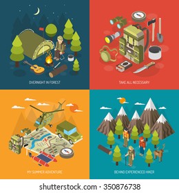 Hiking and camping design concept with tourists backpack tent axe compass binoculars bonfire vector illustration