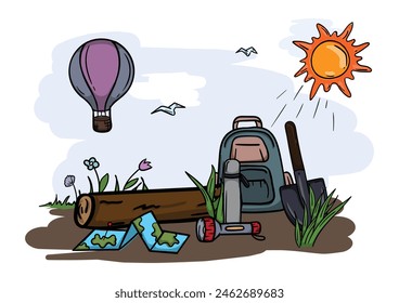 Hiking and camping. Editable illustration of a tourist landscape, with a hot air balloon, a backpack and a flashlight