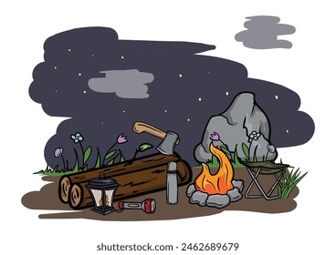 Hiking and camping. Editable vector illustration of a night landscape with a bonfire, logs and an ax