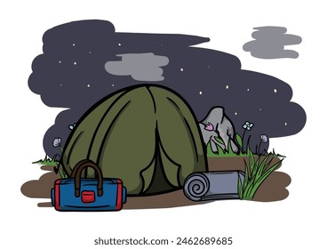 Hiking and camping. Editable vector illustration of a night landscape with a tourist tent, rug and starry sky