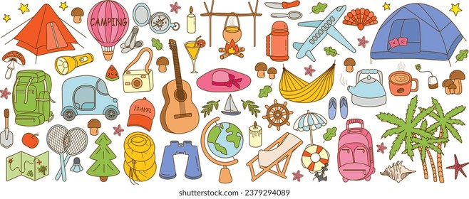 Los elementos de senderismo y acampada son un gran conjunto de estilo doodle. Campo de verano, recreación al aire libre, picnic, equipo de camping, turismo. Iconos para libros, afiches. Ilustración vectorial en un fondo blanco.