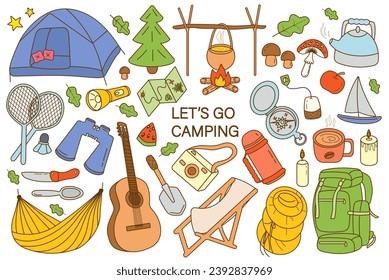 Hiking and camping elements in a large set in doodle style. Summer camp, outdoor recreation, picnic, camping equipment, tourism. Icons for books, posters. Vector illustration on a white background.