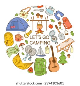 Hiking and camping elements in a large set in doodle style. Summer camp, outdoor recreation, picnic, camping equipment, tourism. Icons for books, posters. Vector illustration on a white background.