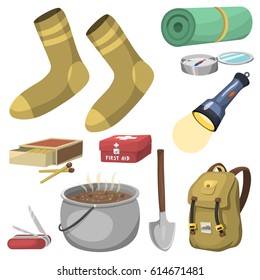 Hiking camping equipment base camp gear and accessories outdoor cartoon travel vector illustration.