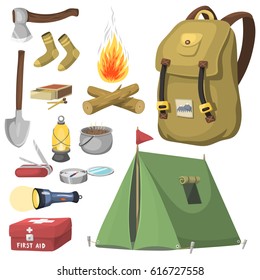 Hiking Camping Equipment Base Camp Gear And Accessories Outdoor Cartoon Travel Vector Illustration.