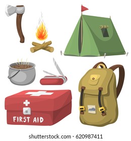 Hiking camping equipment base camp gear and accessories outdoor cartoon travel vector illustration.