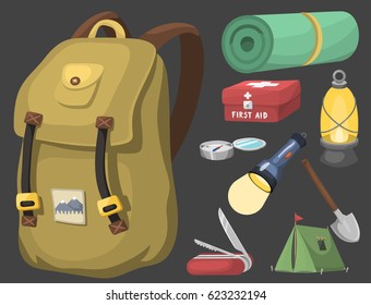 Hiking camping equipment base camp gear and accessories. Outdoor cartoon travel vector illustration.