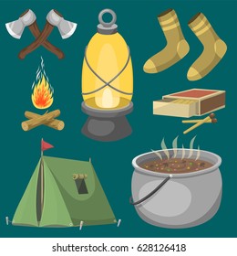 Hiking camping equipment base camp gear and accessories outdoor cartoon travel vector illustration.