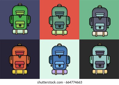 Hiking and camping equipment, in different colors. Collection of backpacks, rucksacks. Vector. 