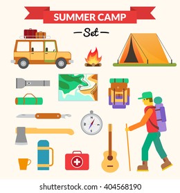 Hiking and camping equipment - icon set and infographics. Modern flat design