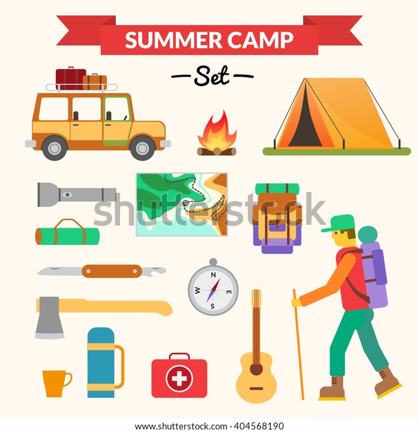Hiking and camping equipment - icon set and\
infographics. Modern flat\
design