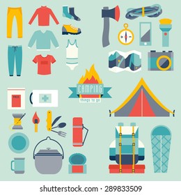 Hiking And Camping Equipment, Icon Vector Set And Infographics.