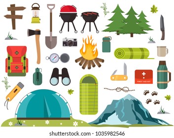 Hiking Camping Equipment Vector Campfire Base Camp Gear And Accessories Illustration. Hike Outdoor Travel Climbing Elements. Forest Tourism Vacation Adventure. Scout Leisure Expedition Trip Campground