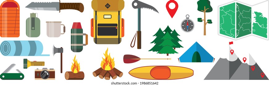 Hiking Camping Equipment Vector Campfire Base Camp Gear Accessories Illustration.