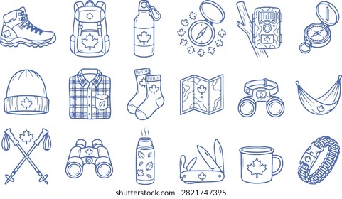 Hiking and camping essentials vector icons set