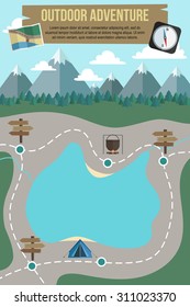 Hiking and camping flat design poster template with mountains, forest and route around the lake.