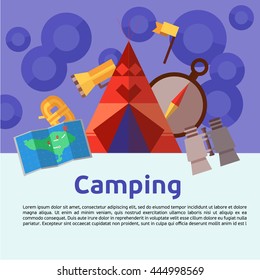 Hiking and camping flat design poster template with tent, map, binocular, compass.