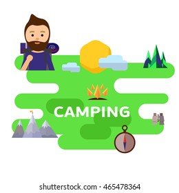 Hiking and camping flat design poster template with mountains, forest and tourist.
