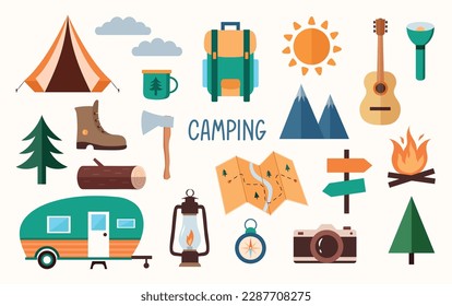 Hiking and camping flat elements isolated on white background