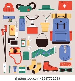 Hiking and Camping Gear Flat Vector Illustration Backpack, Boots, Tent, Map, Outdoor Essentials, Survival Kit, and Travel Equipment for Adventure and Trekking. Vector illustration