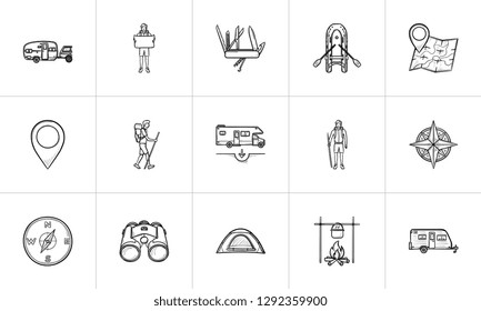 Hiking and camping hand drawn outline doodle icon set. Outline doodle icon set for print, web, mobile and infographics. Outdoor recreation vector sketch illustration set isolated on white background.