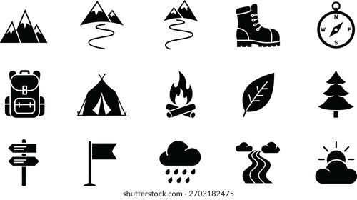 Conjunto de iconos de senderismo y camping aislado sobre fondo transparente