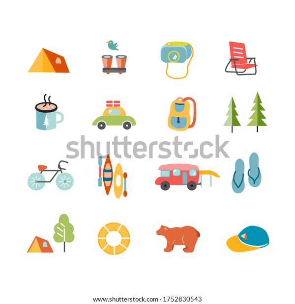 Hiking and\
camping icons and elements set. Camping and outdoor recreation\
elements, isolated on white\
background.
