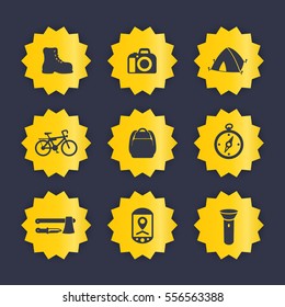 Hiking, camping icons set, backpack, compass, flashlight, tent, vector illustration