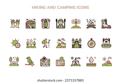 
hiking and camping  icons set. direction, lamp, map, outline, recreation, tool, fire, photo, camera, hiking, location, pictogram, first aid, pointer, trekking, kit, route, survival, camp