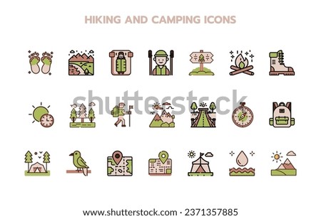 
hiking and camping  icons set. direction, lamp, map, outline, recreation, tool, fire, photo, camera, hiking, location, pictogram, first aid, pointer, trekking, kit, route, survival, camp