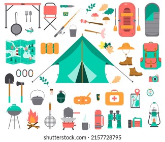 Hiking and camping icons set. Camping equipment collection. Binoculars, bowl, barbecue, boat, lantern, shoes, hat, tent, campfire. Base camp gear and accessories. Hike outdoor elements. Vector 
