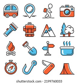 Hiking and Camping Icons Set on White Background. Vector illustration