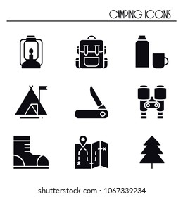 Hiking and Camping Icons Set. Outdoor Camp Sign and Symbol. Backpacking Adventure