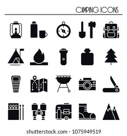 Hiking and Camping Icons Set. Outdoor Camp Sign and Symbol. Backpacking Adventure