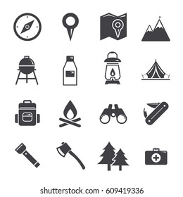 Hiking and Camping Icons Set. Vector