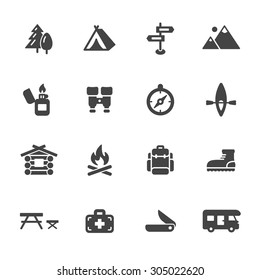 Hiking and camping icons. Simple flat vector icons set on white background