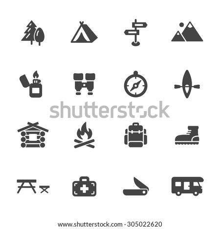 Hiking and camping icons. Simple flat vector icons set on white background