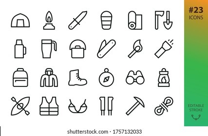 Hiking and camping isolated icons set. Set of camp tent, sleeping bag, travel mug, hiking jacket, river rafting, climbing equipment, scandinavian walking sticks, camping light, tourist jackknife icon